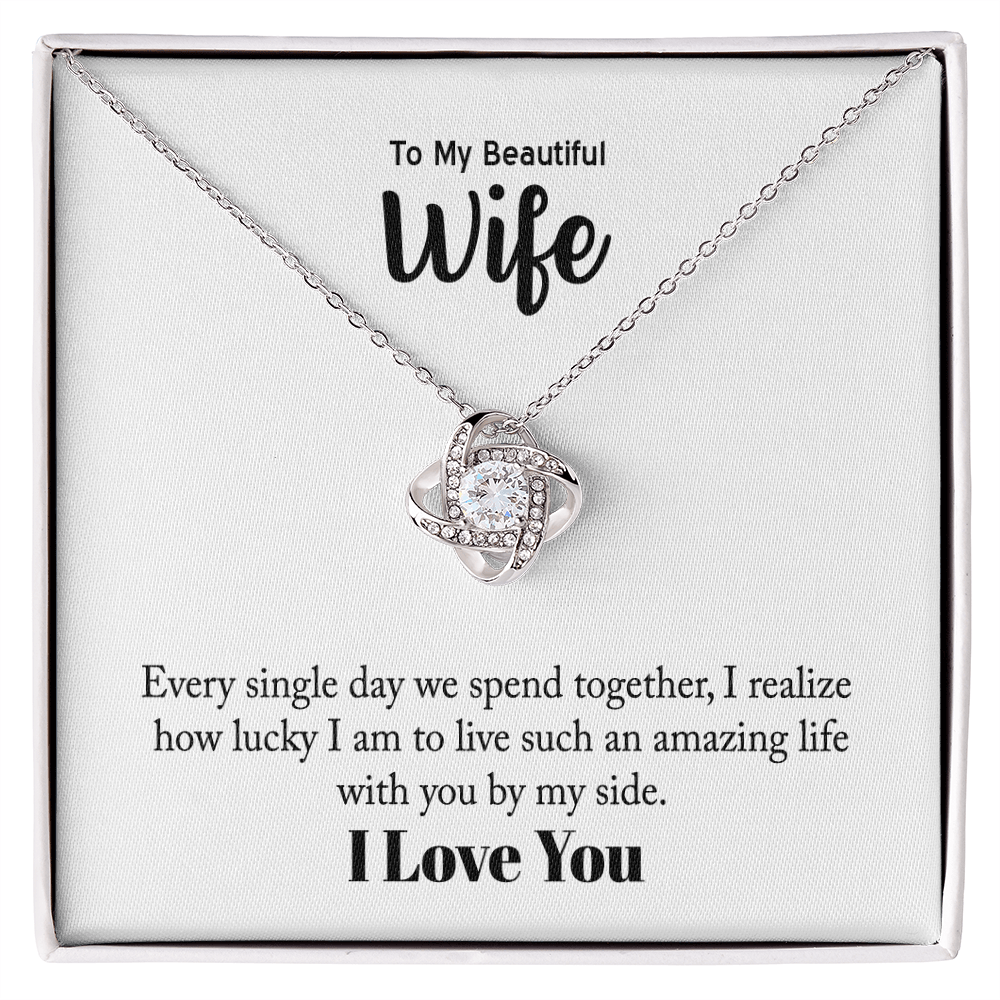 Love Knot Necklace displayed with its message card for wife