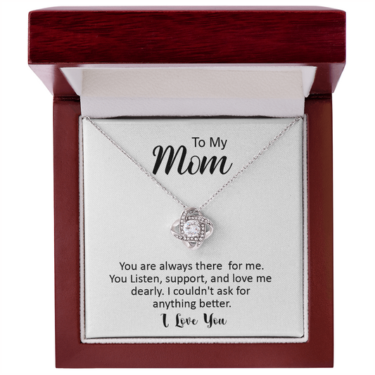 The Love Knot Necklace gift for Mom in gold finish with a heartfelt message card