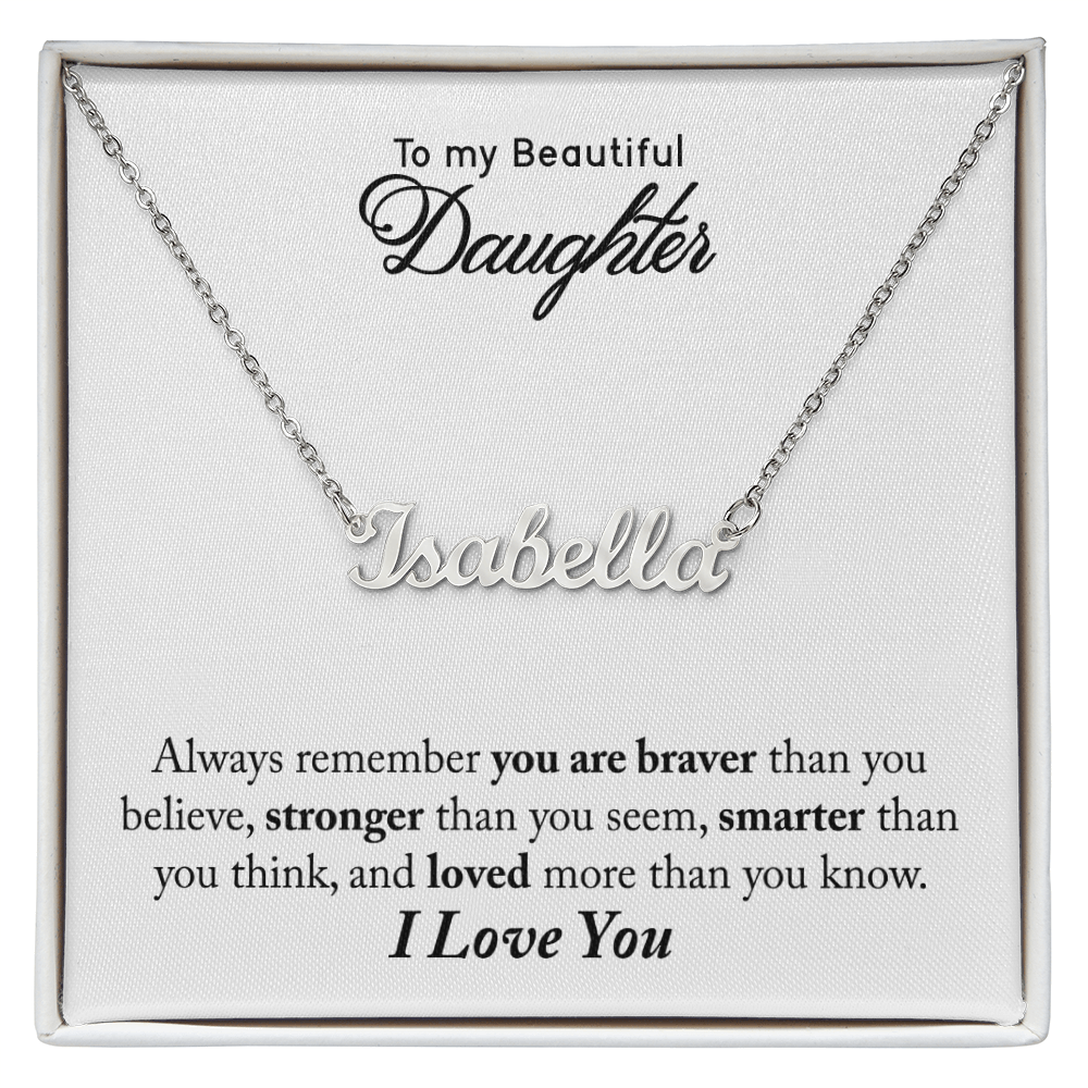 Personalized name necklace close-up, cursive lettering