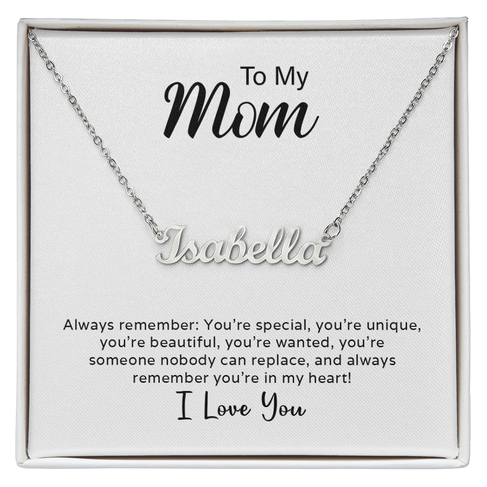 Personalized name necklace close-up, cursive lettering