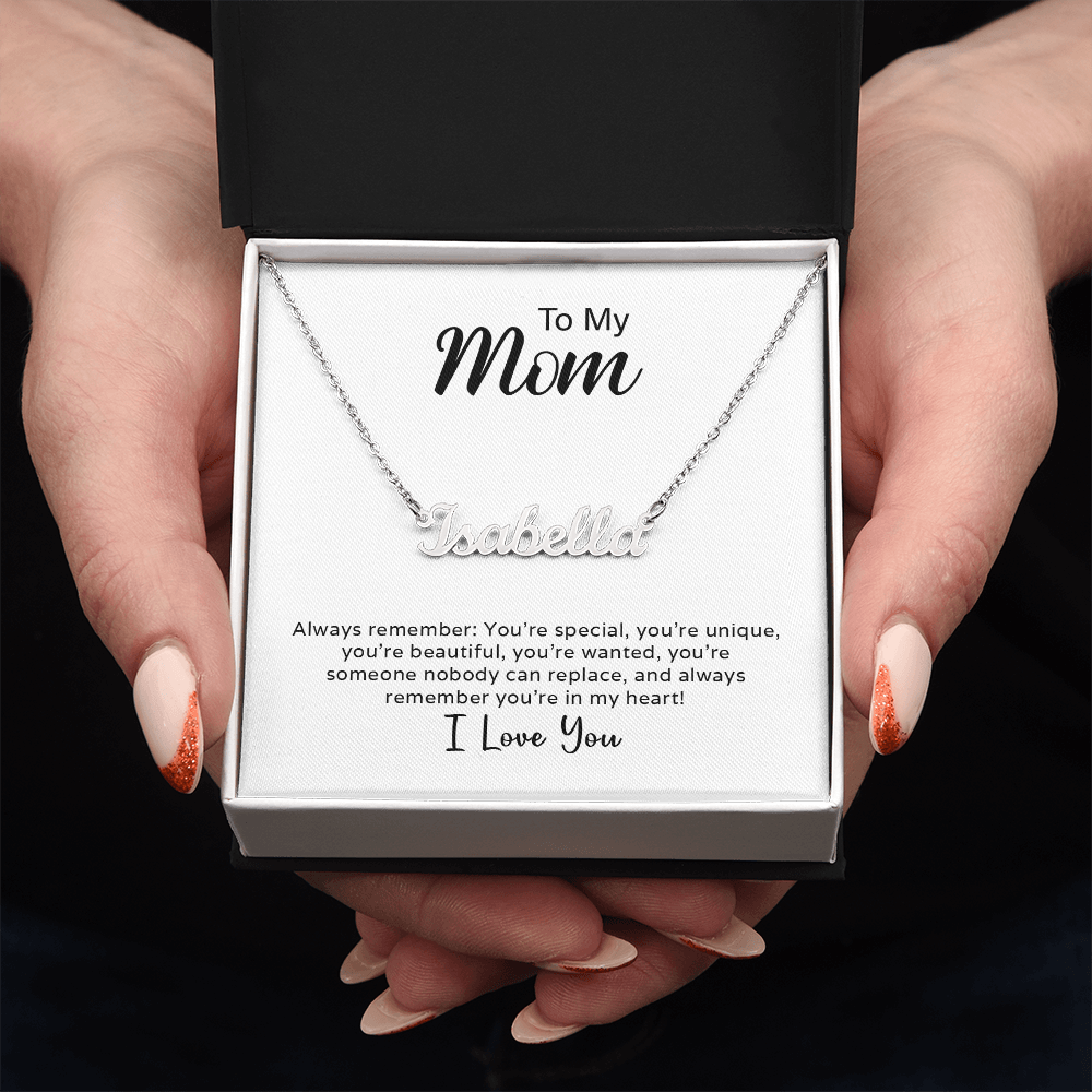 Custom Name Necklace worn, cursive name pendant