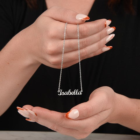 Personalized cursive name necklace on display